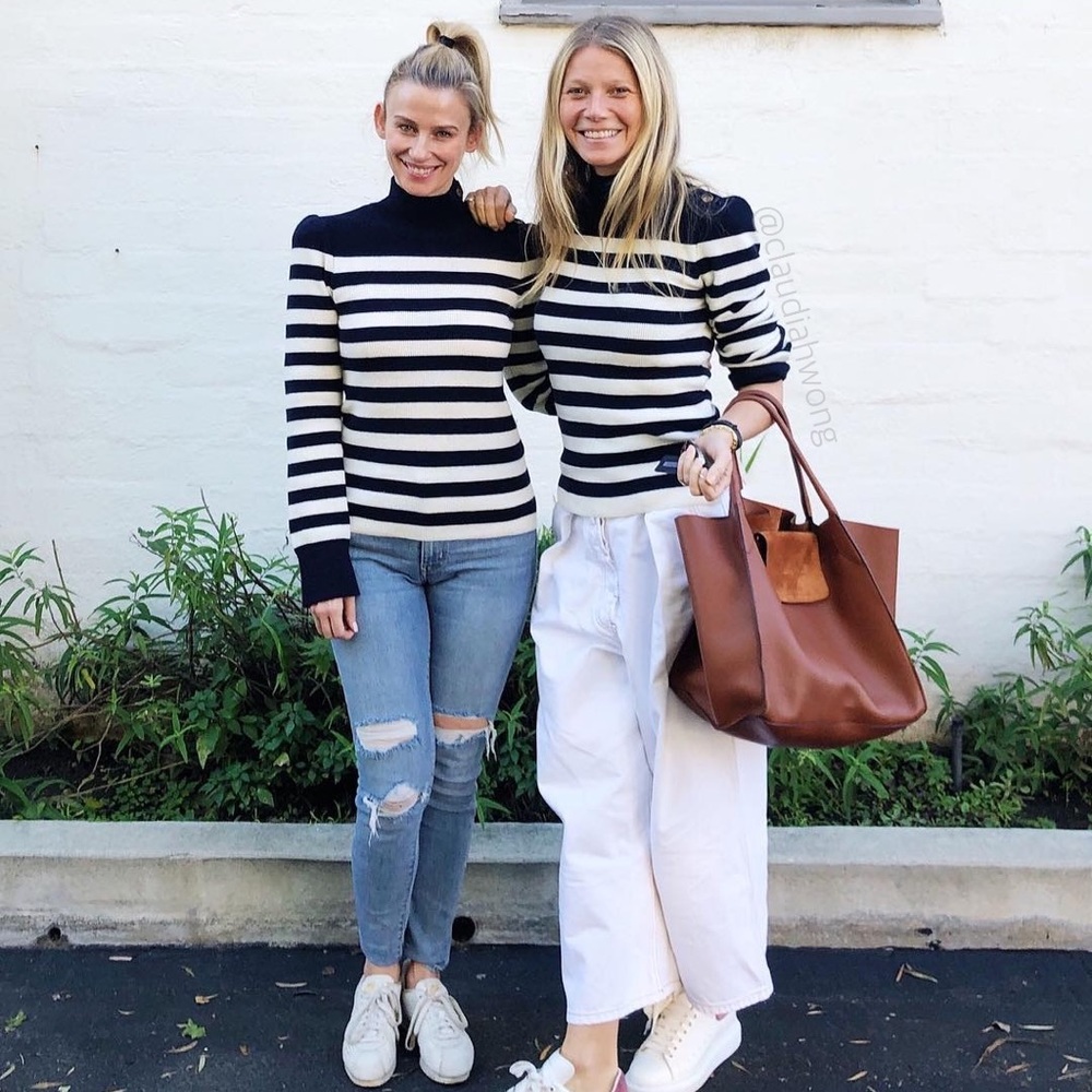 Goop G. LABEL Mindy Cashmere Wool Striped Turtleneck Sweater in Navy Cream - Picture 1 of 17